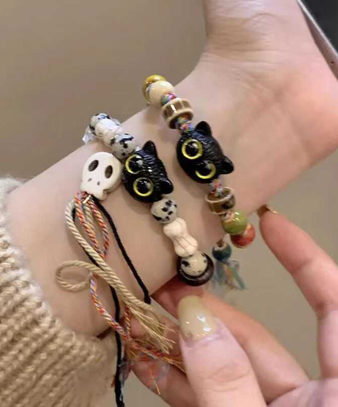 Handmade Weaving Skull Little Cats Ceramic Tassel Two Piece Set Chain Bracelet