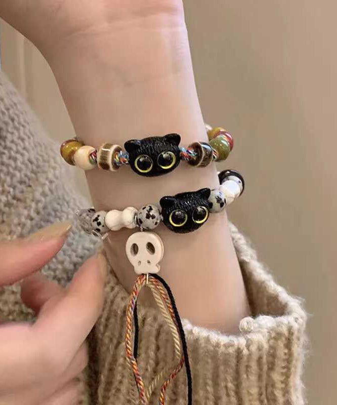 Handmade Weaving Skull Little Cats Ceramic Tassel Two Piece Set Chain Bracelet