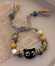 Handmade Weaving Skull Little Cats Ceramic Tassel Two Piece Set Chain Bracelet