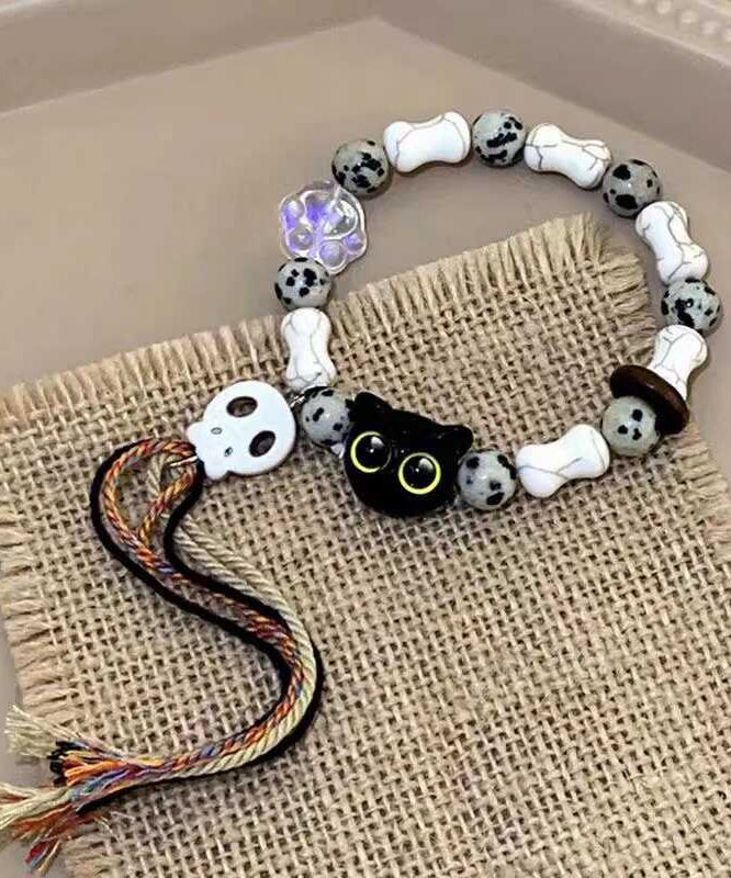 Handmade Weaving Skull Little Cats Ceramic Tassel Two Piece Set Chain Bracelet