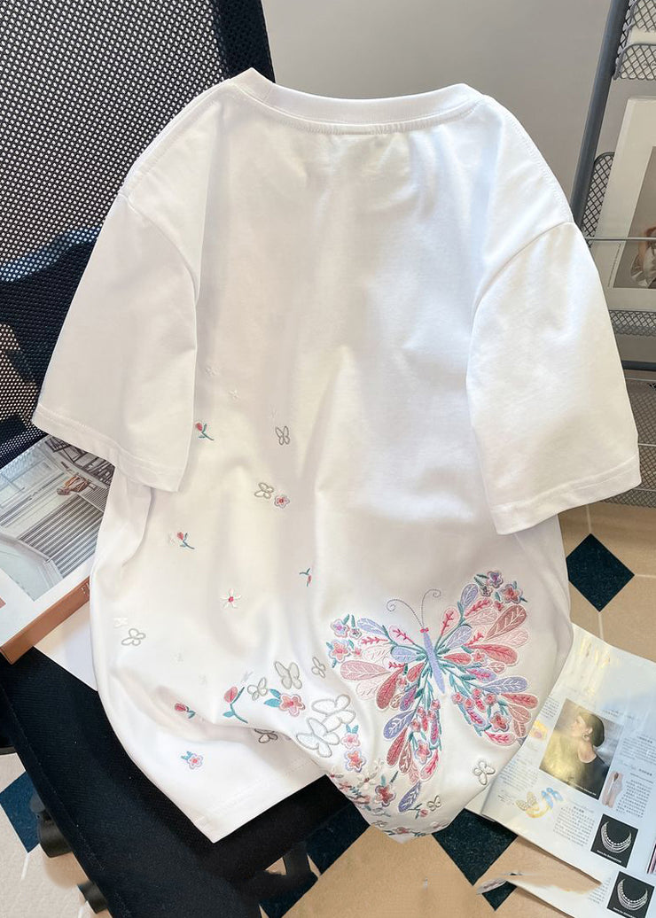 Handmade White Butterfly Embroideried Cotton Men Neutral T Shirt Summer