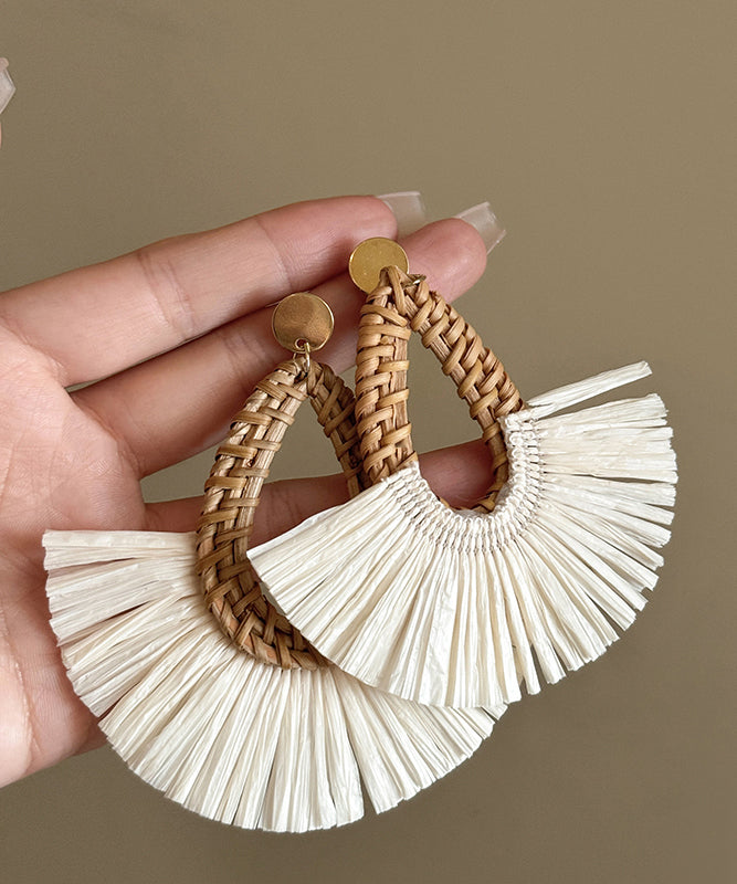 Handmade White Copper Straw Weaving Hoop Earrings