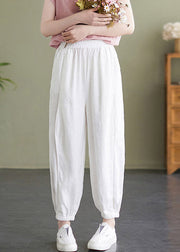 Handmade White Elastic Waist Solid Beam Pants Summer