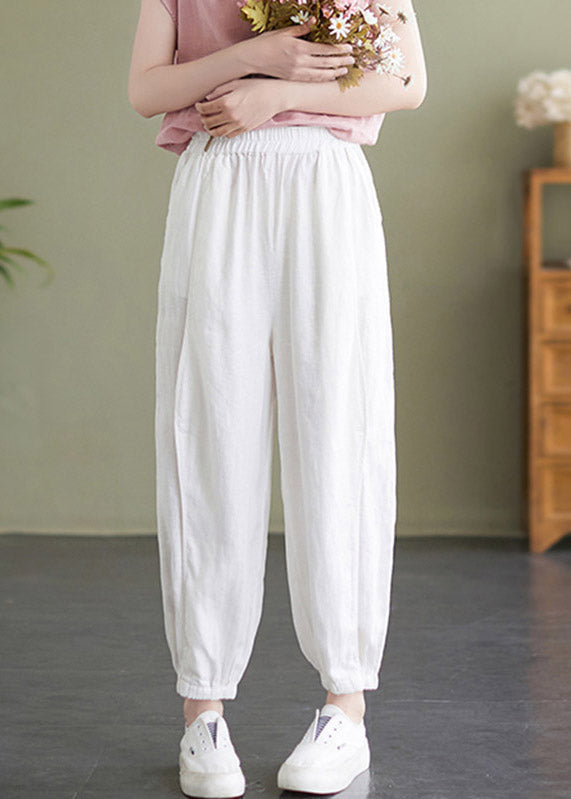 Handmade White Elastic Waist Solid Beam Pants Summer