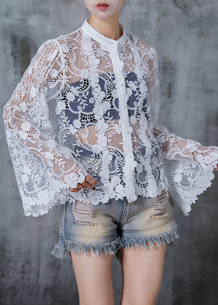 Handmade White Embroidered Hollow Out Lace Shirts Flare Sleeve