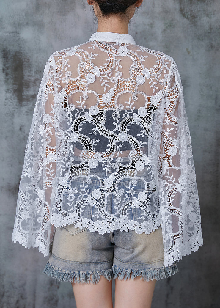 Handmade White Embroidered Hollow Out Lace Shirts Flare Sleeve