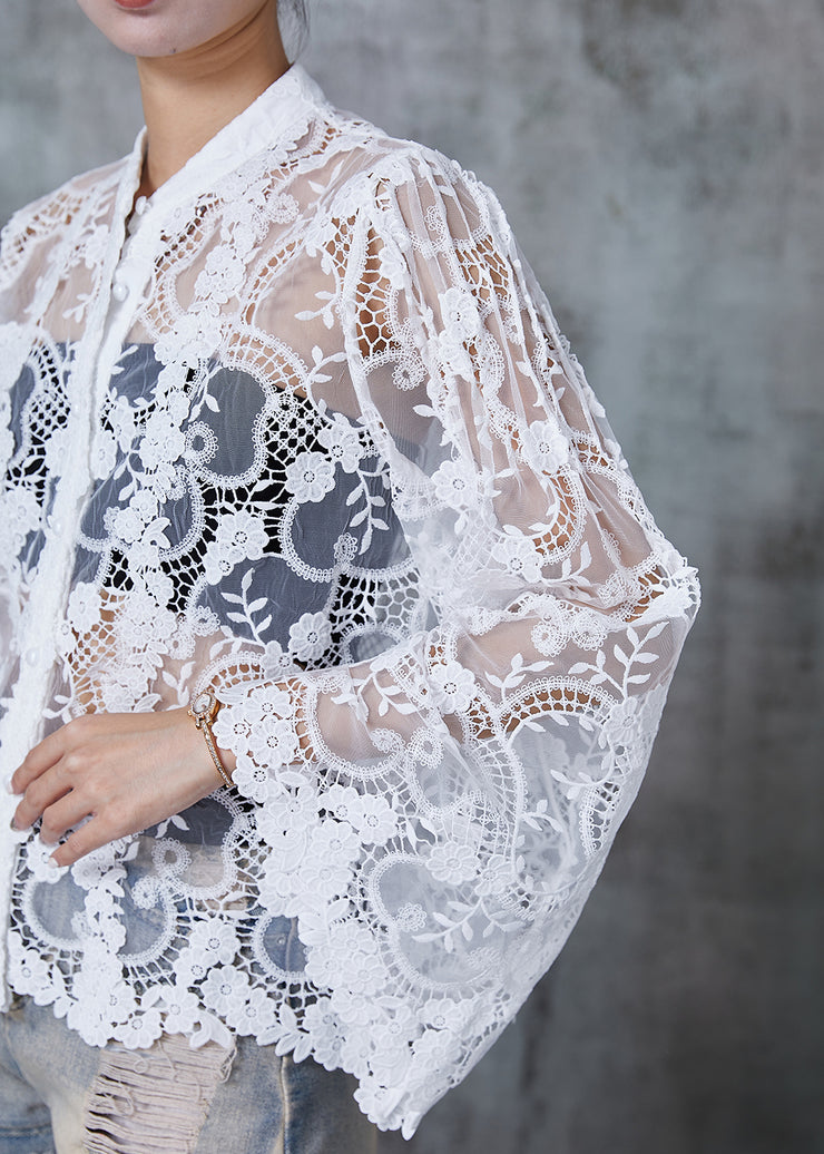 Handmade White Embroidered Hollow Out Lace Shirts Flare Sleeve