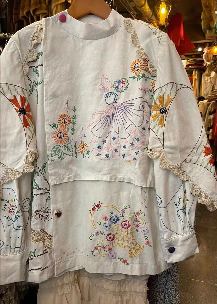 Handmade White Embroidered Patchwork Cotton Blouse Tops Fall