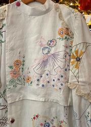 Handmade White Embroidered Patchwork Cotton Blouse Tops Fall