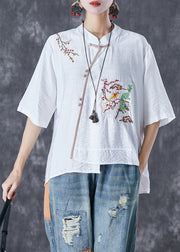 Handmade White Embroidered Patchwork Linen Blouses Summer