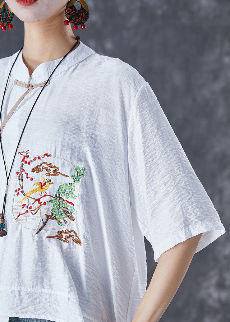 Handmade White Embroideried Patchwork Linen Blouses Summer