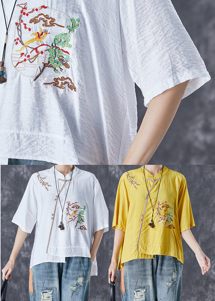 Handmade White Embroidered Patchwork Linen Blouses Summer