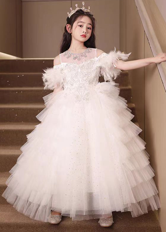 Handmade White Feather Zircon Tulle Kids Girls Princess Dress Summer