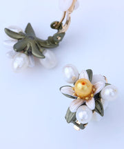 Handmade White Flower Metal Pearl Stud Earrings