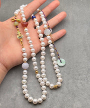 Handmade White Jade Pearl Agate Beading Tassel Sweater Lariat Necklace