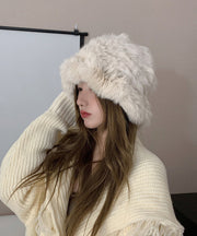 Handmade White Knit Faux Fur Solid Bonnie Hat