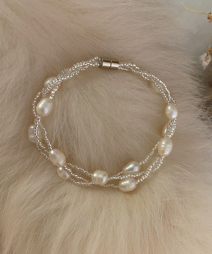 Handmade White Metal Three Layers Pearl Chain Bracelet