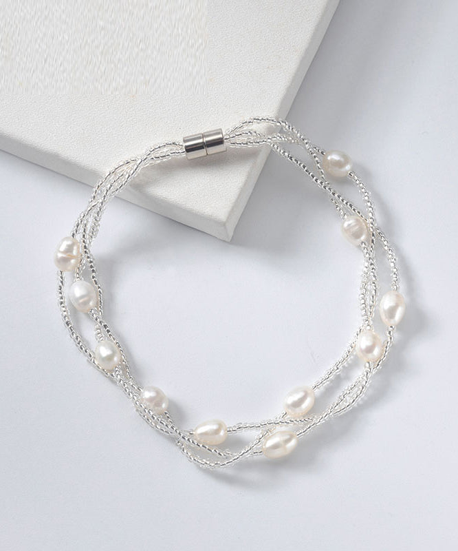 Handmade White Metal Three Layers Pearl Chain Bracelet