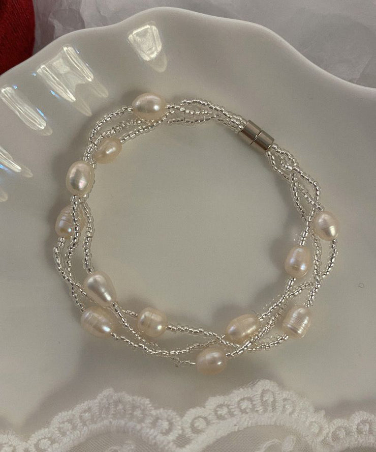 Handmade White Metal Three Layers Pearl Chain Bracelet