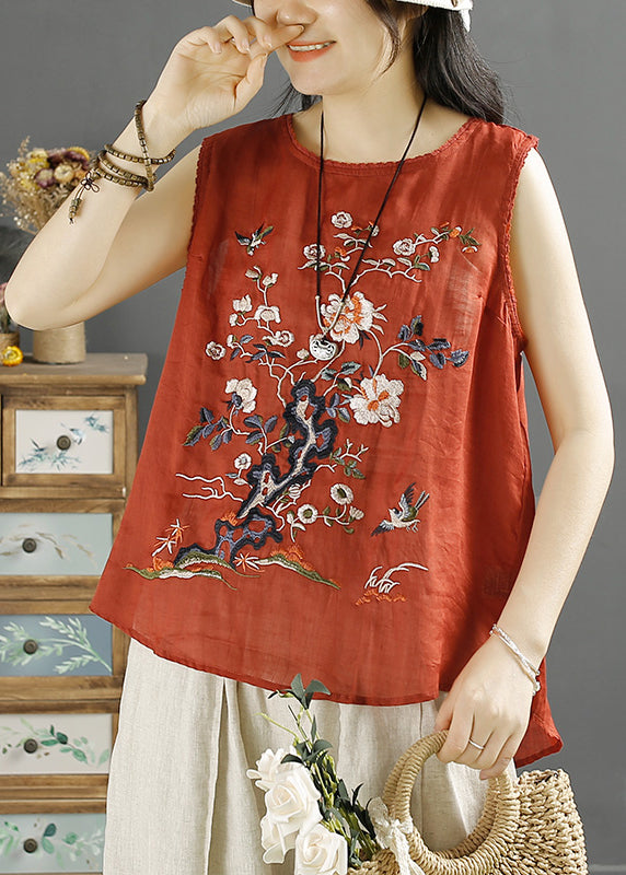 Handmade White O-Neck Bird Embroidered Linen Tank Sleeveless