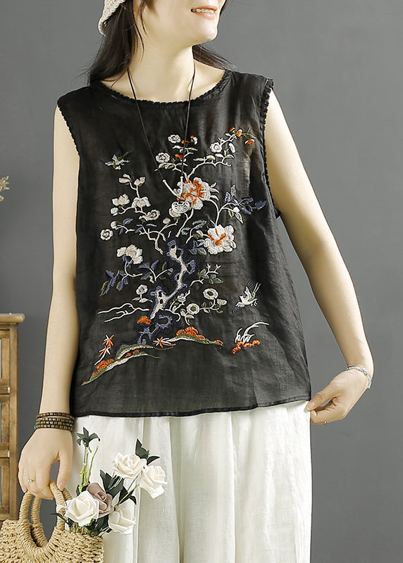 Handmade White O-Neck Bird Embroidered Linen Tank Sleeveless