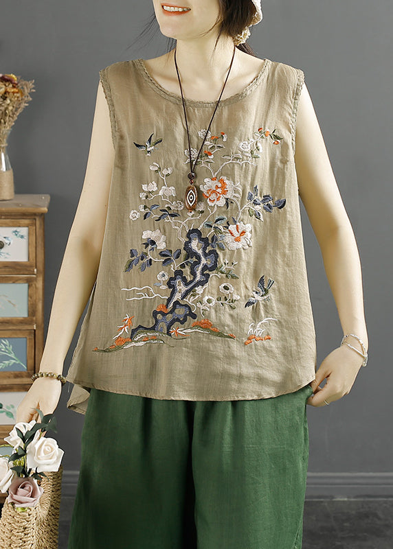 Handmade White O-Neck Bird Embroidered Linen Tank Sleeveless