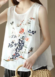 Handmade White O Neck Embroidered Patchwork Linen Tops Summer