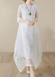 Handmade White O Neck Hollow Out Lace Dress Summer