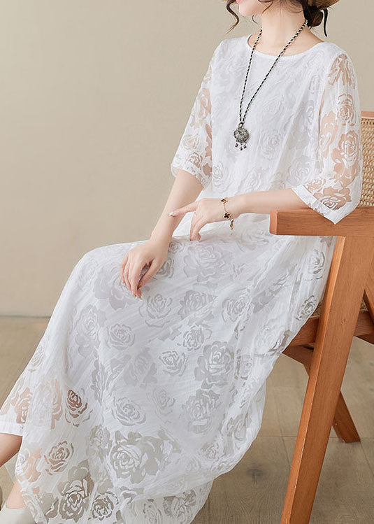 Handmade White O Neck Hollow Out Lace Dress Summer