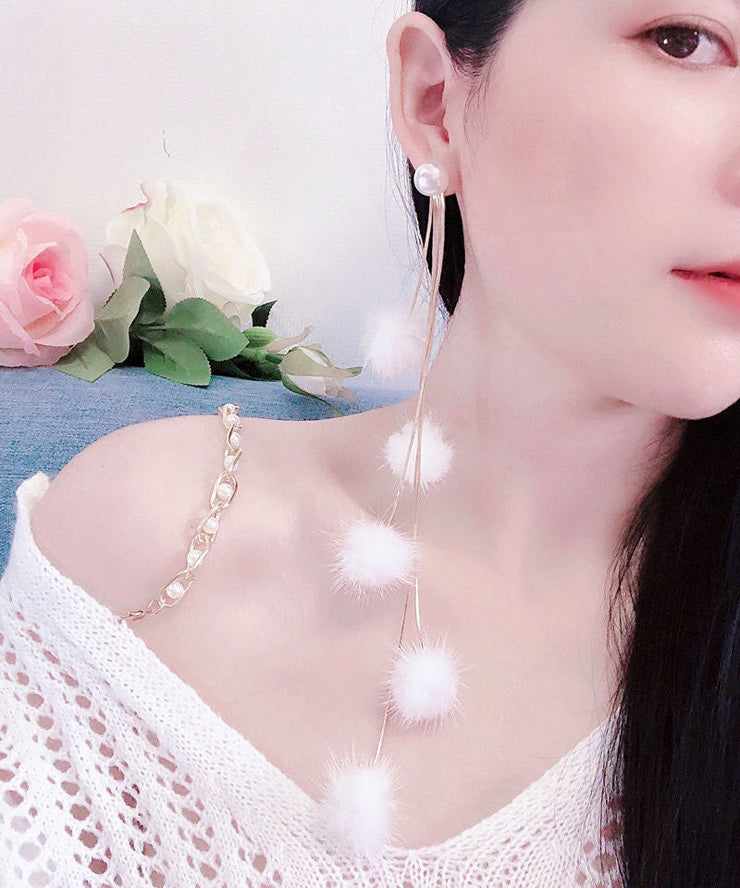 Handmade White Pearl Mink Hair Tassel Drop Earrings