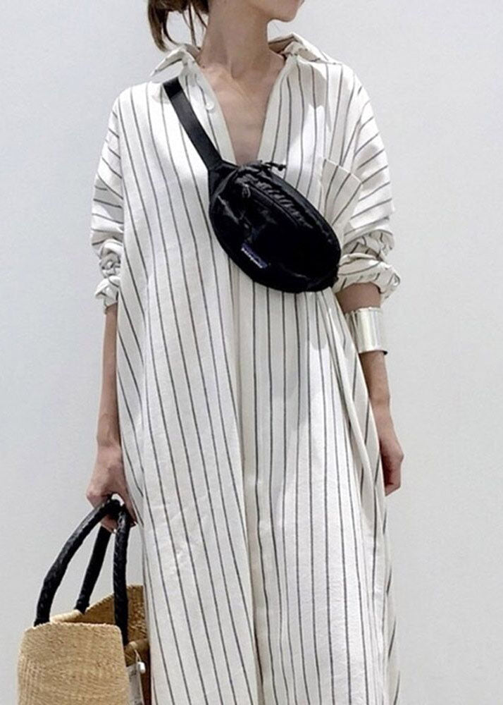 Handmade White Peter Pan Collar Striped Cotton Long Shirts Dresses Spring