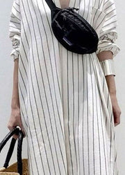 Handmade White Peter Pan Collar Striped Cotton Long Shirts Dresses Spring