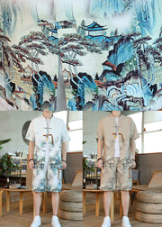 Handmade White Print Button Men Shirt And Shorts Two Pieces Set Summer