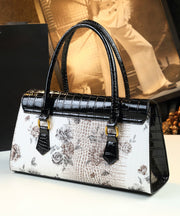 Handmade White Print Solid Durable Faux Leather Tote Handbag