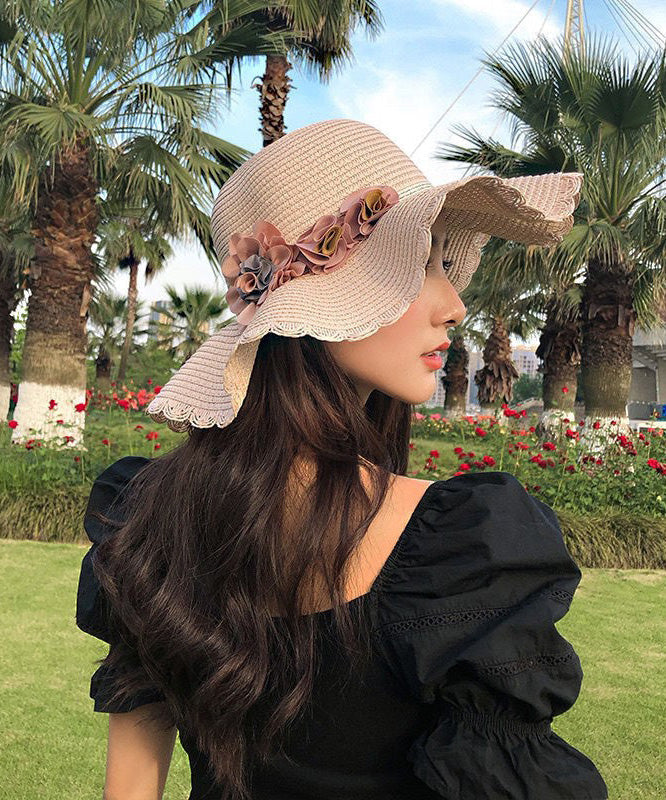 Handmade White Rose Straw Woven Floppy Sun Hat