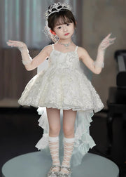 Handmade White Sequins Bow Tulle Girls Two Piece Set Sleeveless