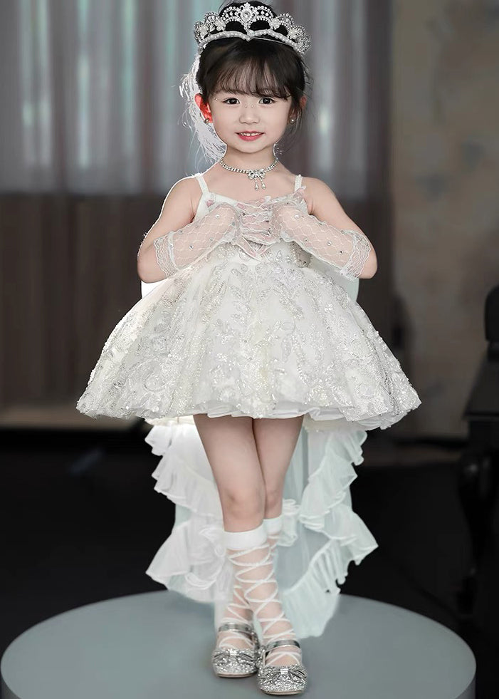 Handmade White Sequins Bow Tulle Girls Two Piece Set Sleeveless