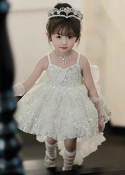 Handmade White Sequins Bow Tulle Girls Two Piece Set Sleeveless