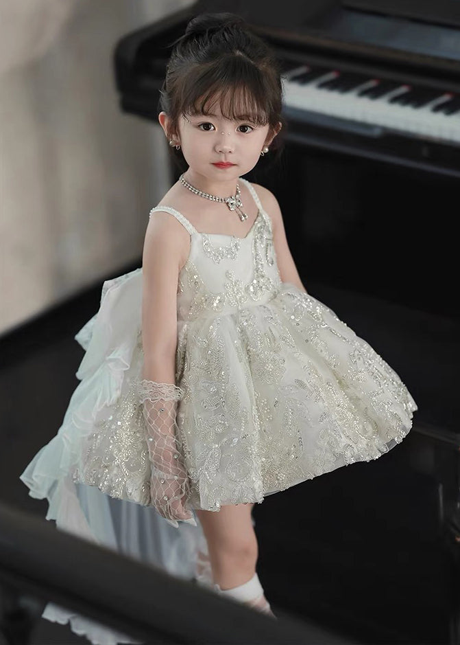 Handmade White Sequins Bow Tulle Girls Two Piece Set Sleeveless