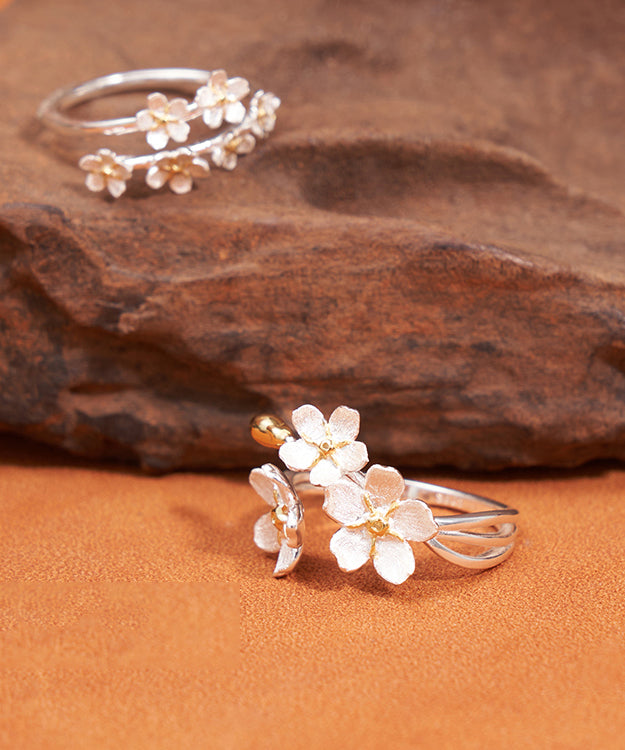 Handmade White Sterling Silver Big Floral And Small Floral Two Piece Set Rings