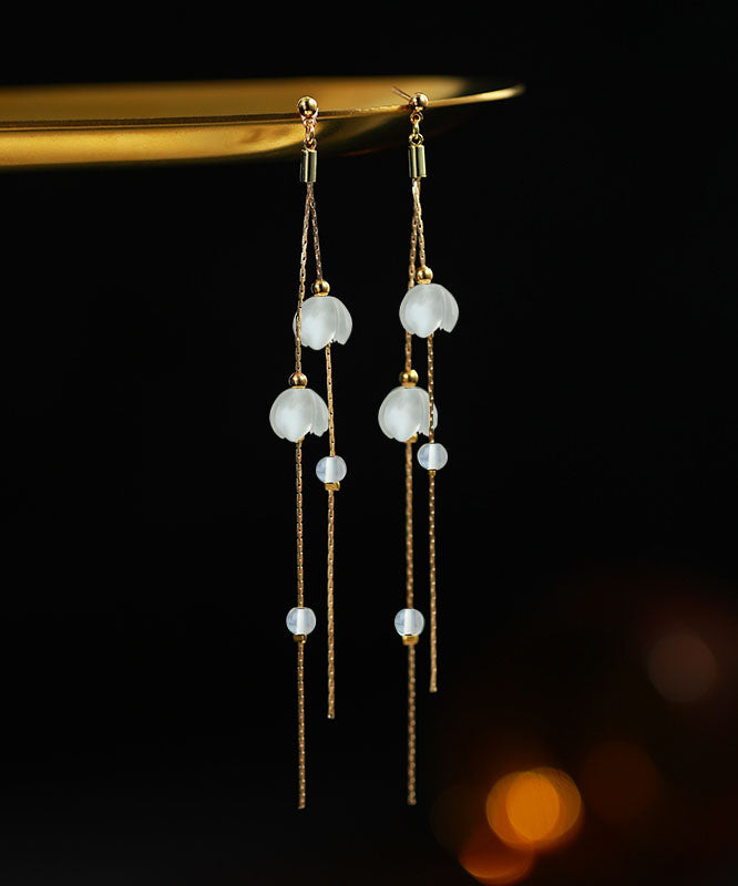 Handmade White Sterling Silver Inlaid Gem Stone Tassel Drop Earrings