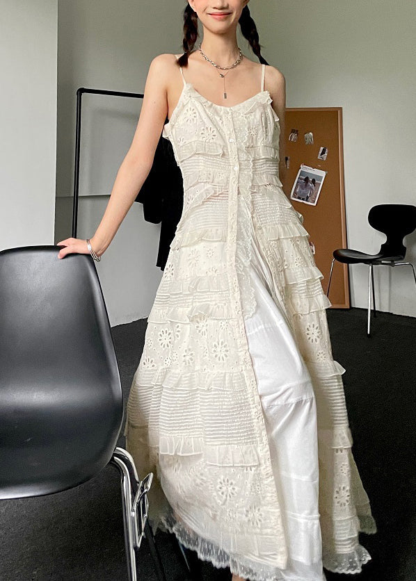 Handmade White V Neck Embroideried Button Lace Maxi Dress Summer