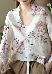 Handmade White V Neck Print Button Linen Shirt Batwing Sleeve