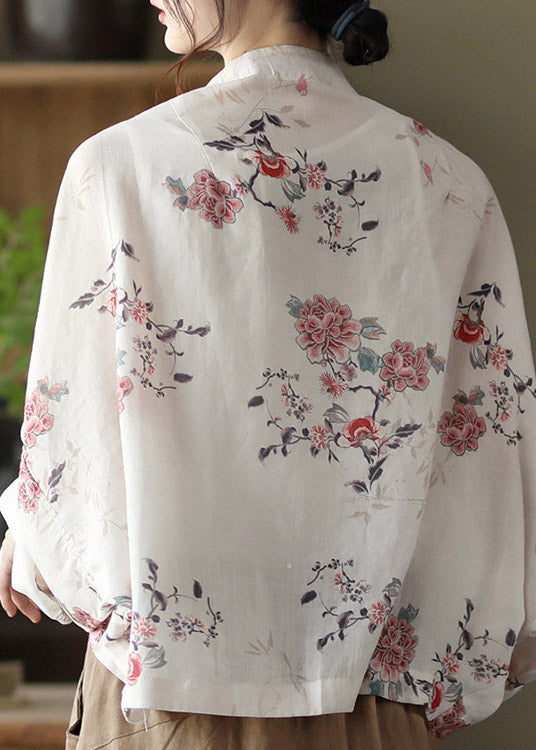 Handmade White V Neck Print Button Linen Shirt Batwing Sleeve