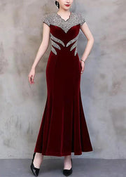 Handmade Wine Red Zircon Patchwork Silk Long Dresses Summer