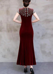 Handmade Wine Red Zircon Patchwork Silk Long Dresses Summer