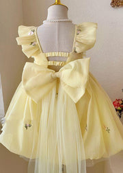 Handmade Yellow Bow Embroideried Backless Tulle Girls Maxi Dresses Summer