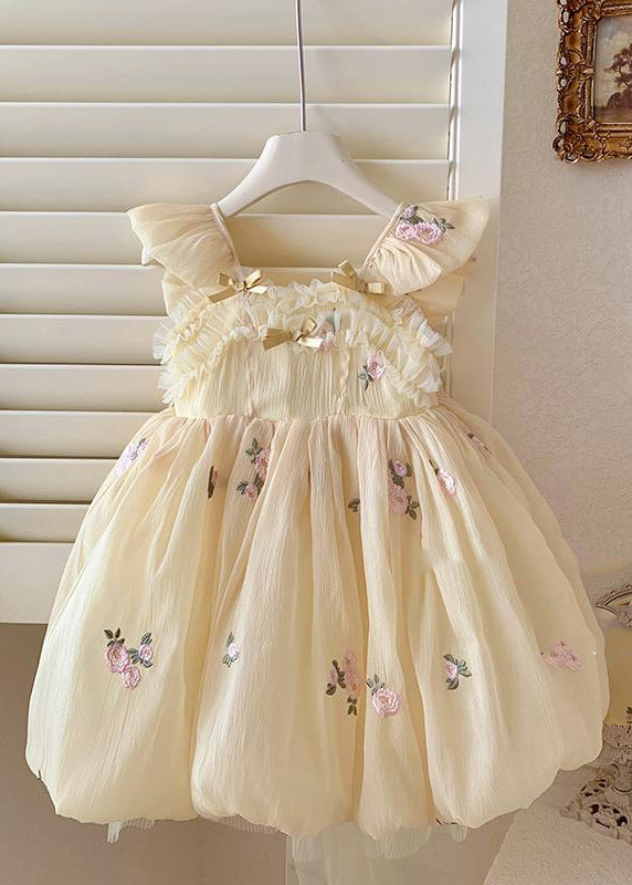 Handmade Yellow Bow Embroideried Backless Tulle Girls Maxi Dresses Summer