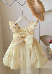 Handmade Yellow Bow Embroideried Backless Tulle Girls Maxi Dresses Summer