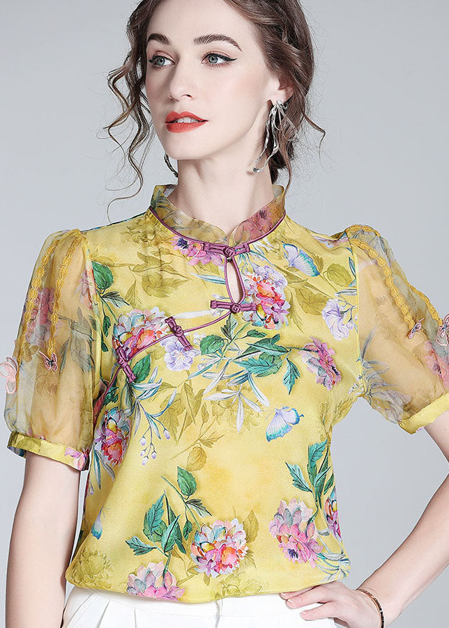 Handmade Yellow Chinese Button Patchwork Print Silk Tops Summer